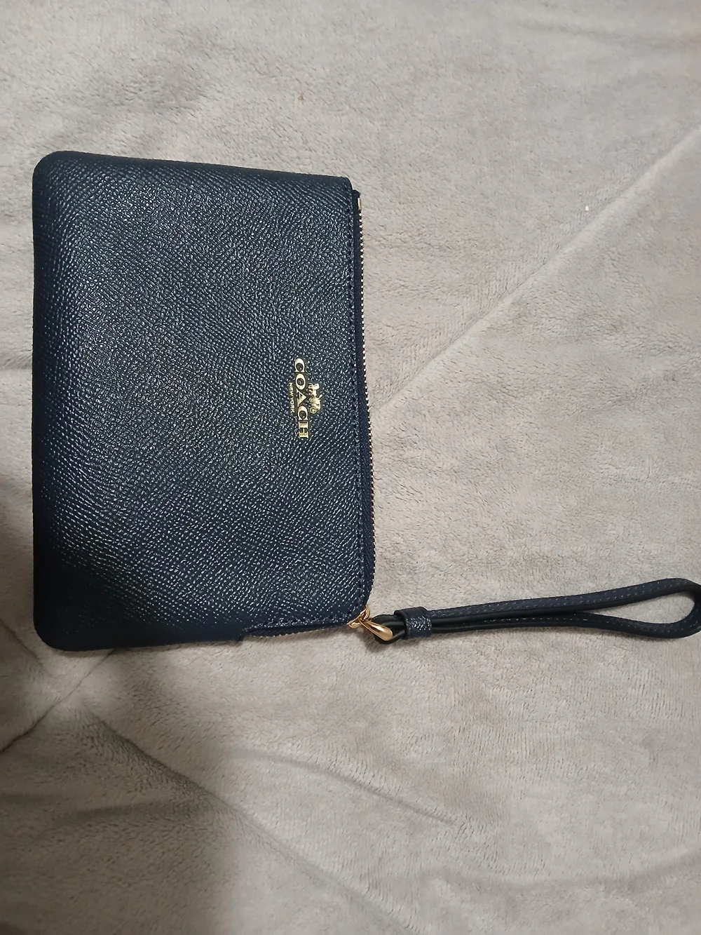 Coach Navy Pebbled Leather Zip Wristlet with Gold Hardware